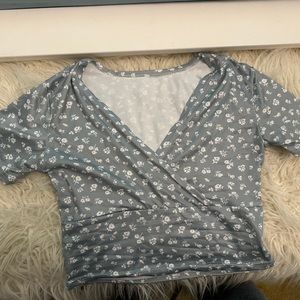 Green Floral Wrap Short Sleeve Top